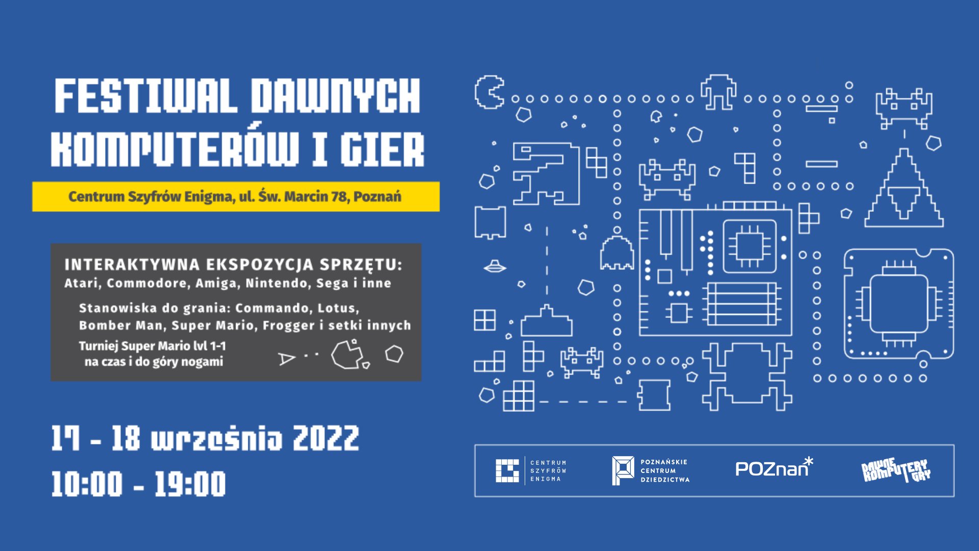 Plakat z najważniejszymi informacjami dotyczącymi Festiwalu dawnych komputerów i gier.