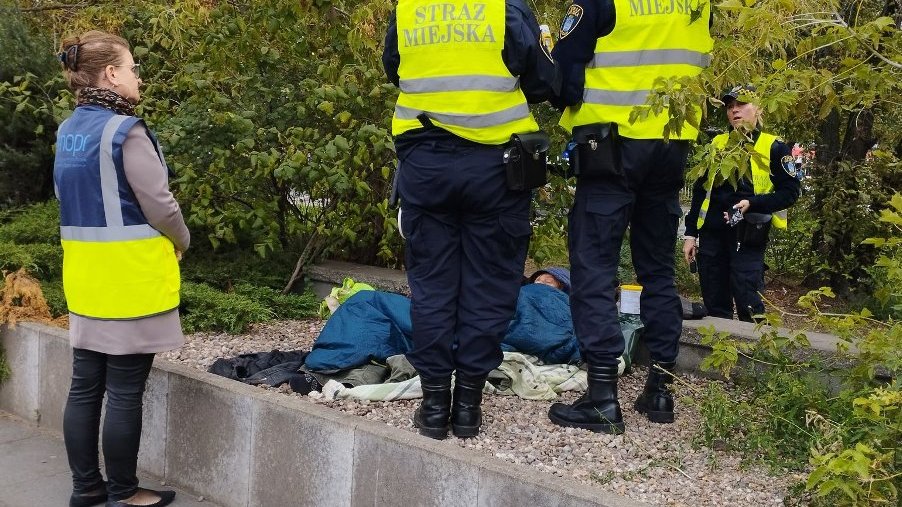 Galeria zdjęć przedstwia grupę osób w odblaskowych kamizelkach MOPR oraz straży miejskiej podczas interwencji na jednej z poznańskich ulic.