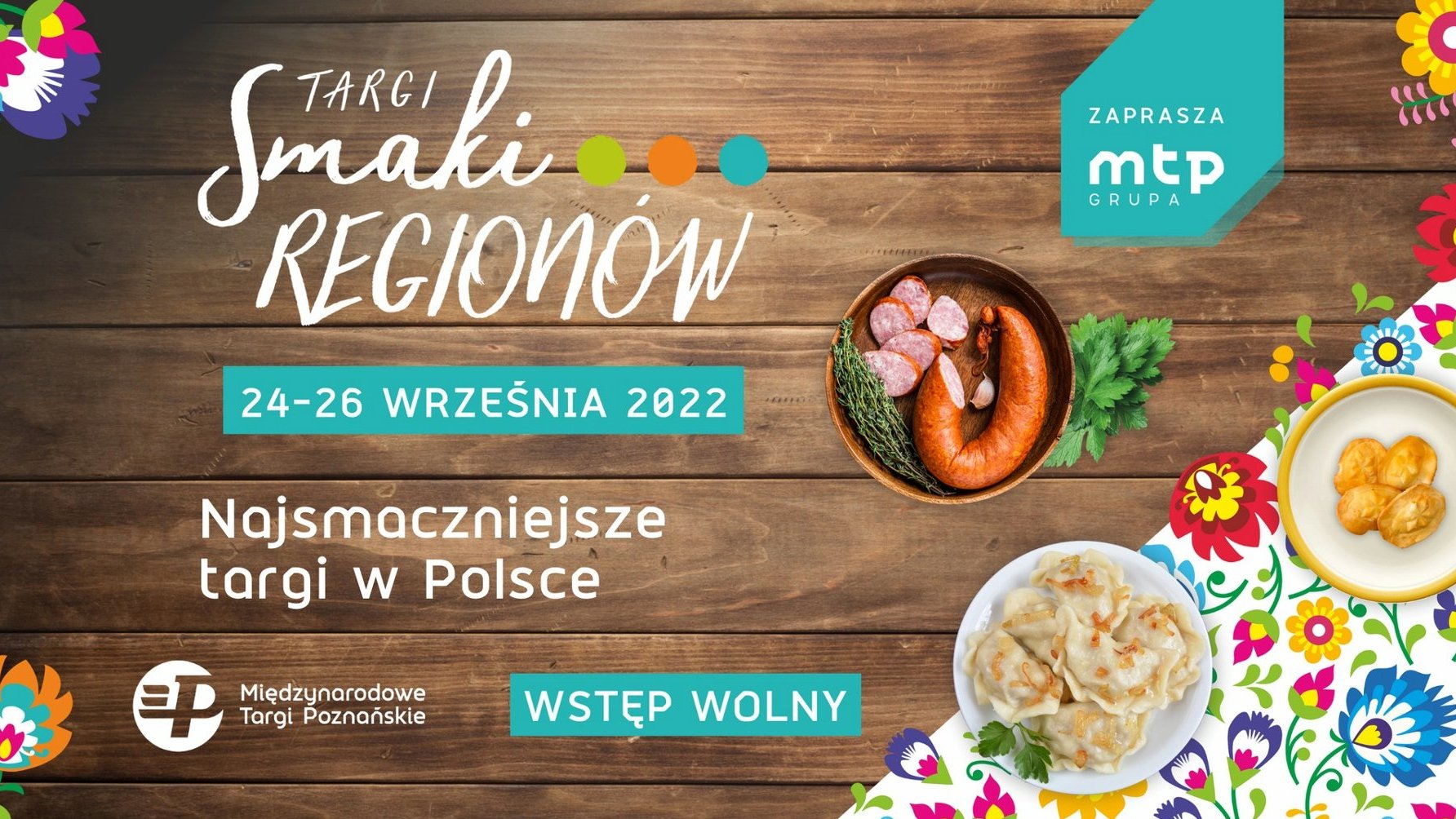 Kolorowy plakat z elementami ludowej grafiki, talerzem z kiełbasą, pierogami, oscypkiem oraz napisami