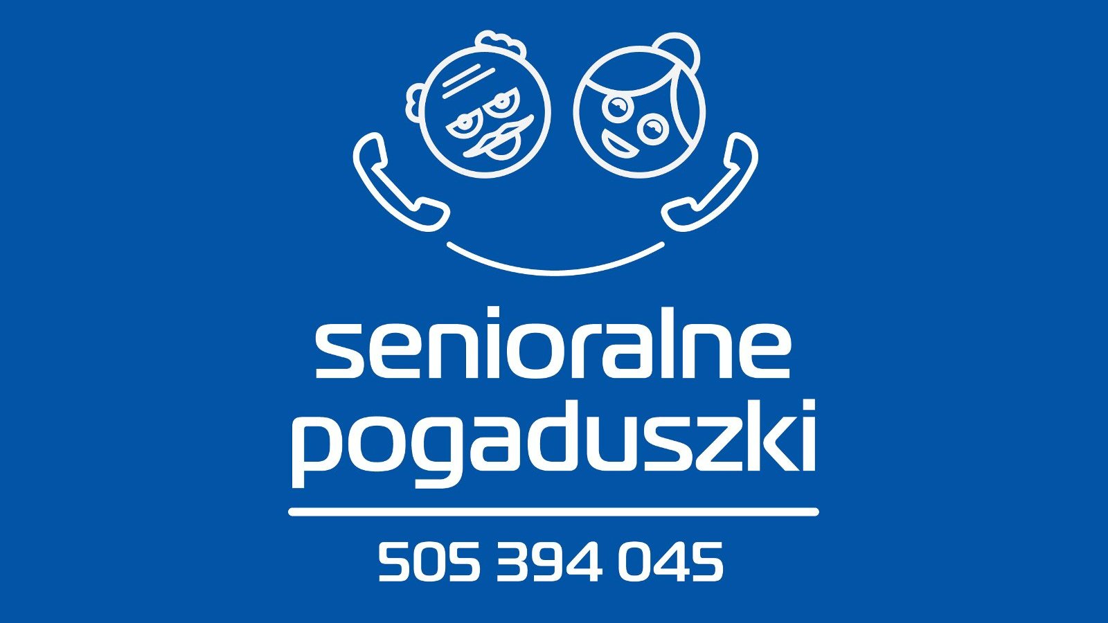 Grafika: schematyczne twarze seniorów rozmawiających przez telefon na granatowym tle - grafika artykułu