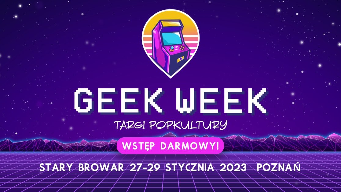 Fioletowy plakat z informacjami o wydarzeniu oraz grafiką maszyny do gier