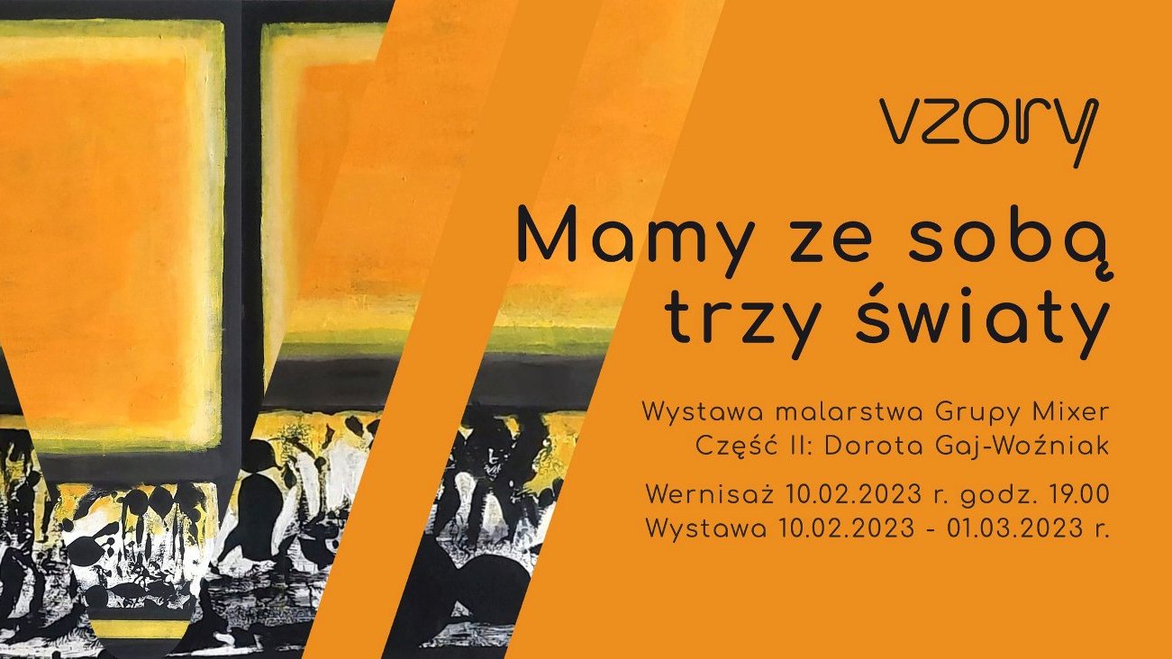 ŻÓłty plakat z informacjami o wydarzeniu oraz elementami artystycznymi