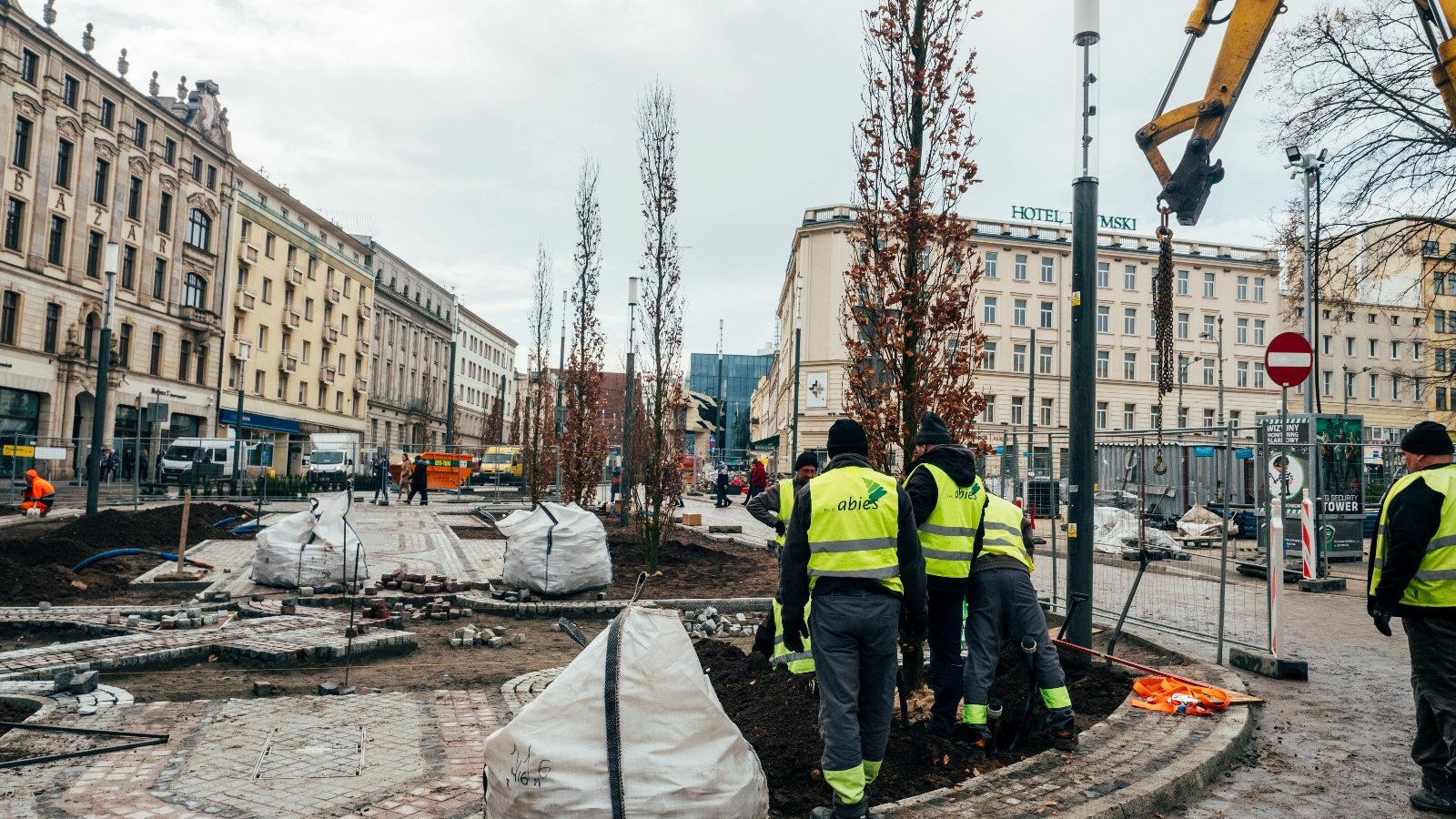 Robotnicy sadzą drzewa na wyspie przy Al. Marcinkowskiego