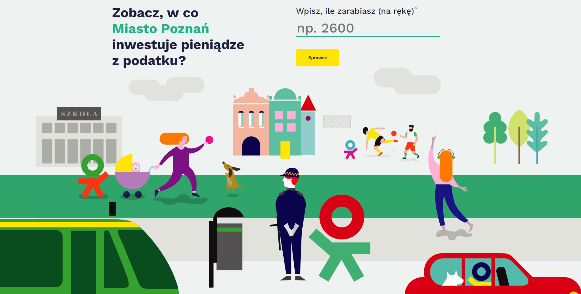 Grafika przedstawiająca schematycznie Poznań i najważniejsze informacje o kalkulatorze - grafika artykułu