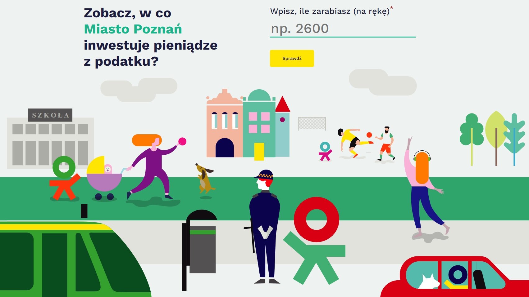 Grafika przedstawiająca schematycznie Poznań i najważniejsze informacje o kalkulatorze