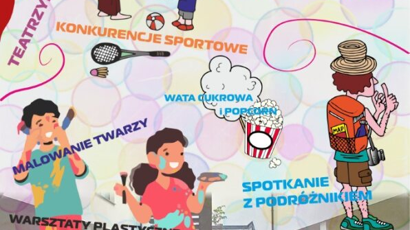 kolorowy plakat wydarzenia z informacjami oraz postaciami wykonującymi różne czynności