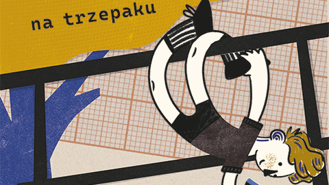 Ilustracja do projektu Dzieciństwo na trzepaku składa się z barwnych plam: przy krawędzi niebieskie drzewo, nad nim duża plama korony drzewa w kolorze ciemno-żółtym, pod nim mały czerwony okrągły kształt, który może być słońcem i piłką. Na pierwszym planie czarny trzepak z wiszącym na nim do góry nogami piegowatym chłopcem, który czyta książkę.