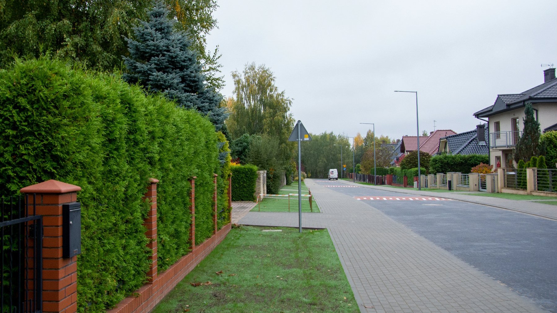 Ulica Iwaszkiewicza. Lewą część kadru zajmuje zieleń oraz chodnik, prawą zaś jezdnia i domy jednorodzinne.