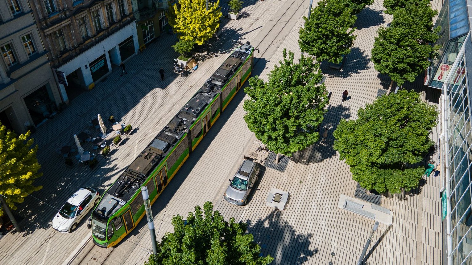 Tramwaj na ul. Św. Marcin pośród zielonych drzew