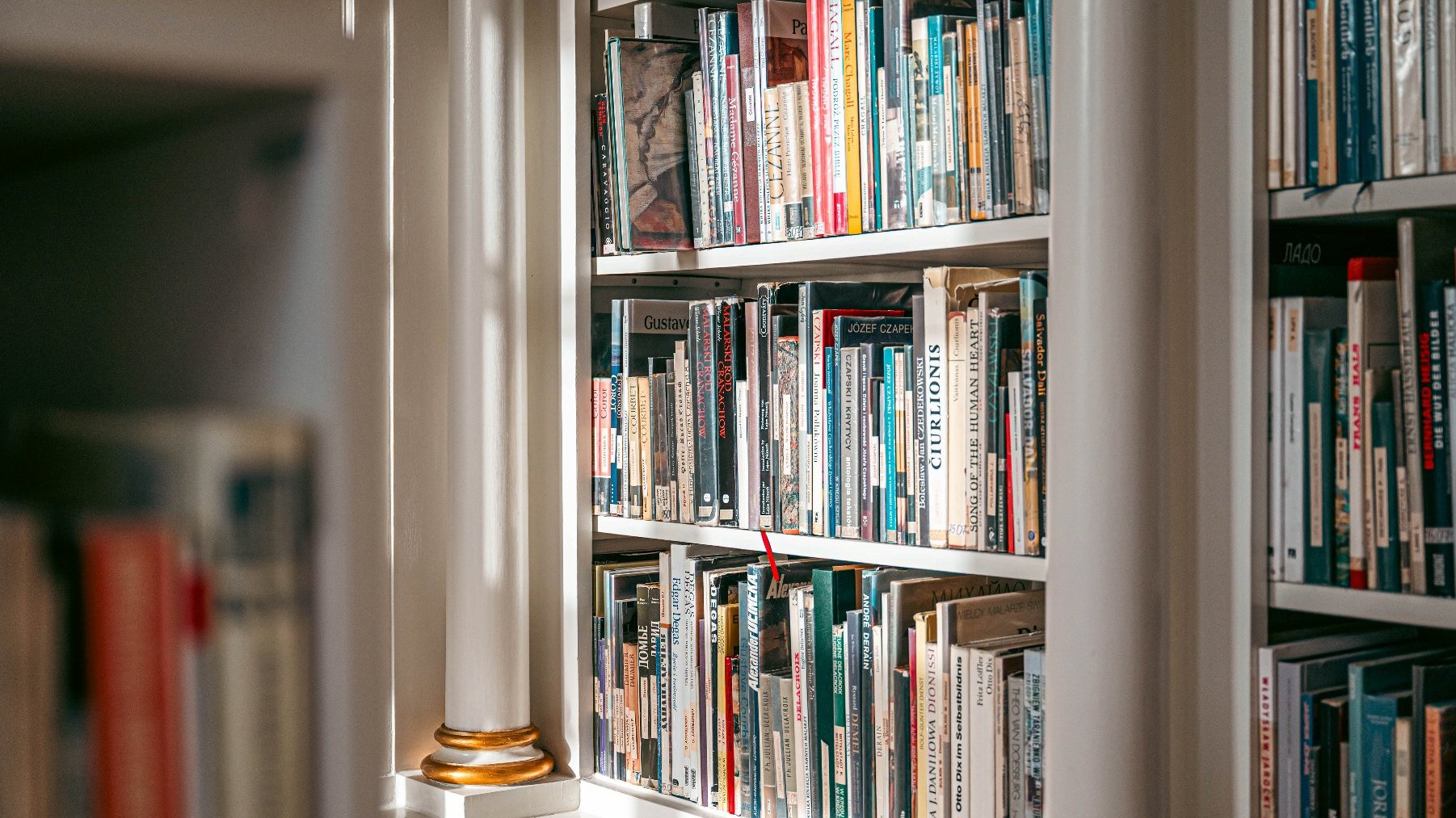 Galeria zdjęć przedstawia wnętrza głównego gmachu Biblioteki Raczyńskich. Na białych, zdobionych pólkach stoją rzędy książek.