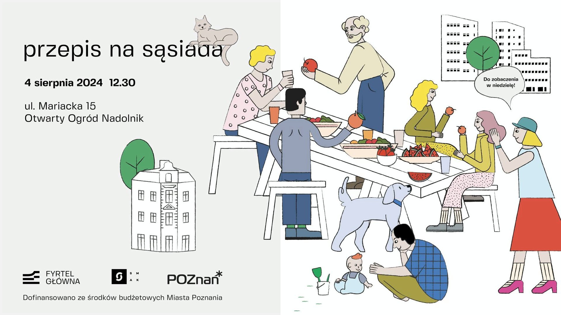 Plakat z informacjami o wydarzeniu. Przedstawia rysunek ludzi przy stole z jedzeniem.