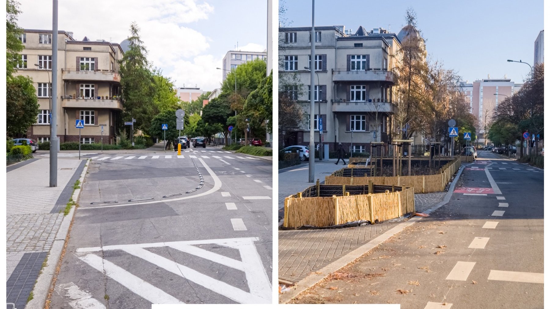 Kolaż dwóch zdjęć pokazujących jak ulica wyglądała przed i jak po odbrukowaniu