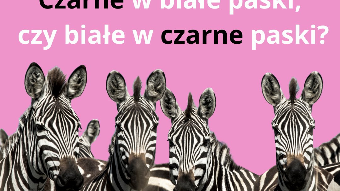 Grafika przedstawia zdjęcie zeber i zagadkę na temat ich koloru.