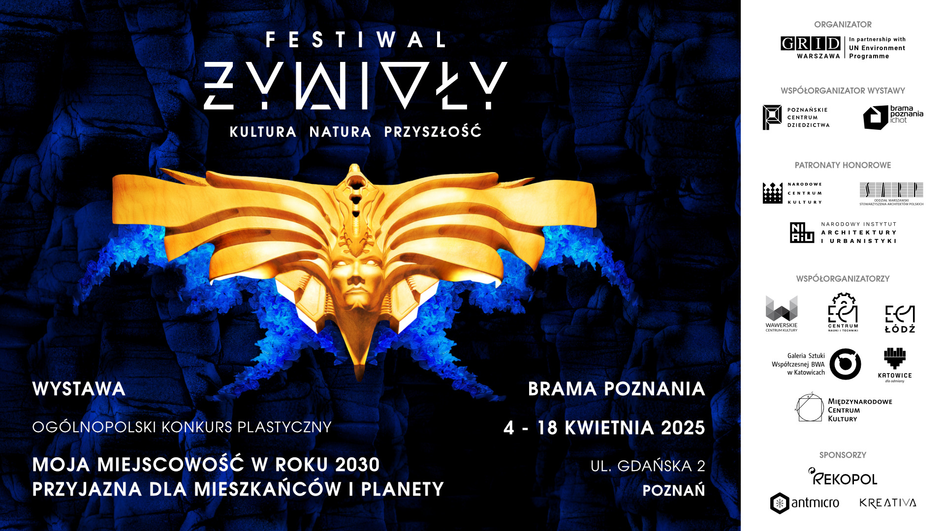 Promocyjny plakat wydarzenia "Festiwal Żywioły". Centralnym elementem projektu jest złota, stylizowana rzeźba z niebieskimi płomieniami lub energią unoszącą się wokół. - grafika artykułu