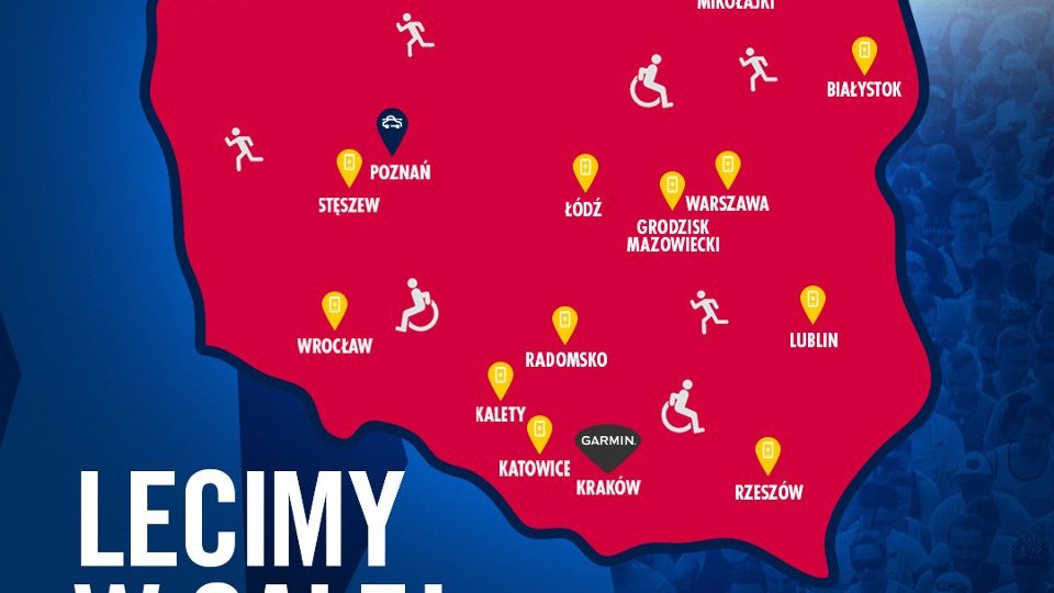 Grafika przedstawiająca polskie lokalizacje biegu Wings for Life World Run, w których można wziąć udziałw biegu z aplikacją. Są to miasta: Poznań, Stęszew, Wrocław, Kalety, Radomsko, Katowice, Kraków, Rzeszów, Lublin, Grodzisk Mazowiecki, Warszawa, Łódź, Białystok, Mikołajki, Gryfice, Łeba, Reda-Rumia, Gdańsk