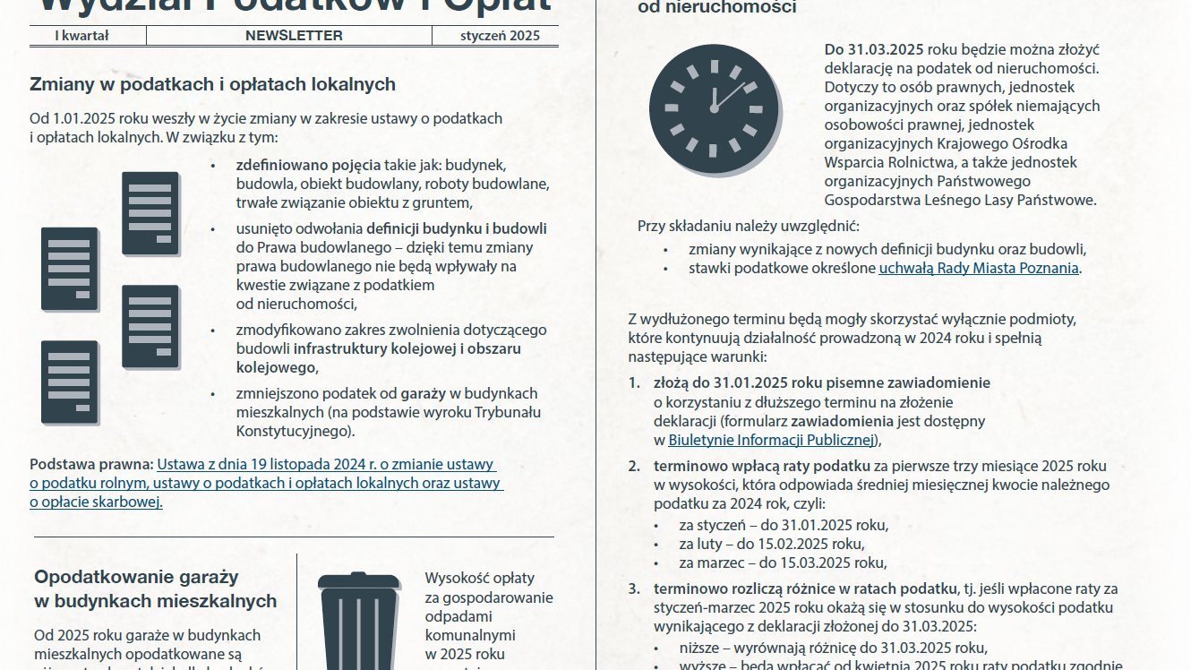 Obraz przedstawia ulotkę informacyjną dla klientów wydziału Podatków i Opłat zawierającą spis spraw prowadzonych przez wydział w I kwartale 2025 roku