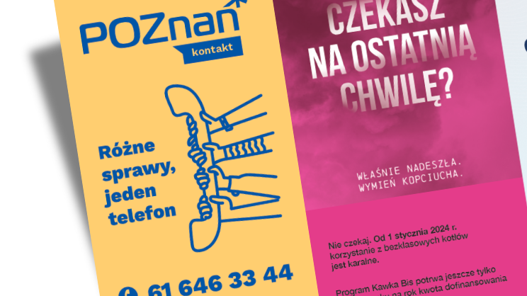 Obraz przedstawia ulotkę informacyjną dołączaną do wymiaru podatku od nieruchomości, na której znajduje się numer telefonu do Biura Poznań Kontakt i opis ważnych spraw urzędowych w bieżącym roku.