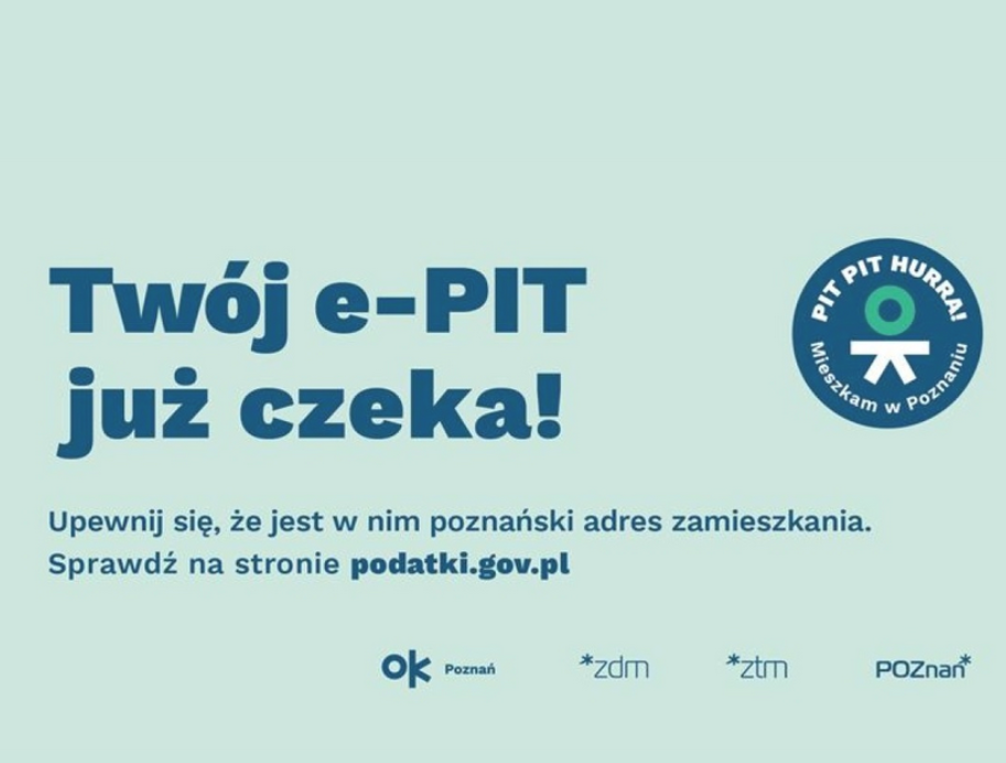 Obraz przedstawia logo programu ok Poznań na jasno zielonym tle wraz z hasłem promującym usługę e-pit - grafika artykułu