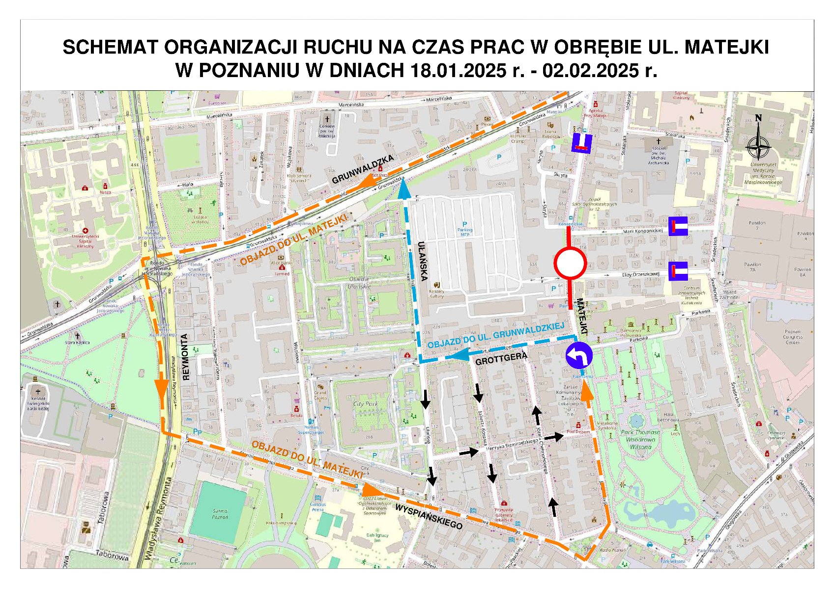 Schemat czasowej organizacji ruchu w rejonie ul. Matejki. Schematyczne znaki pokazują ograniczenia i mozliwe kierunki ruchu. - grafika artykułu