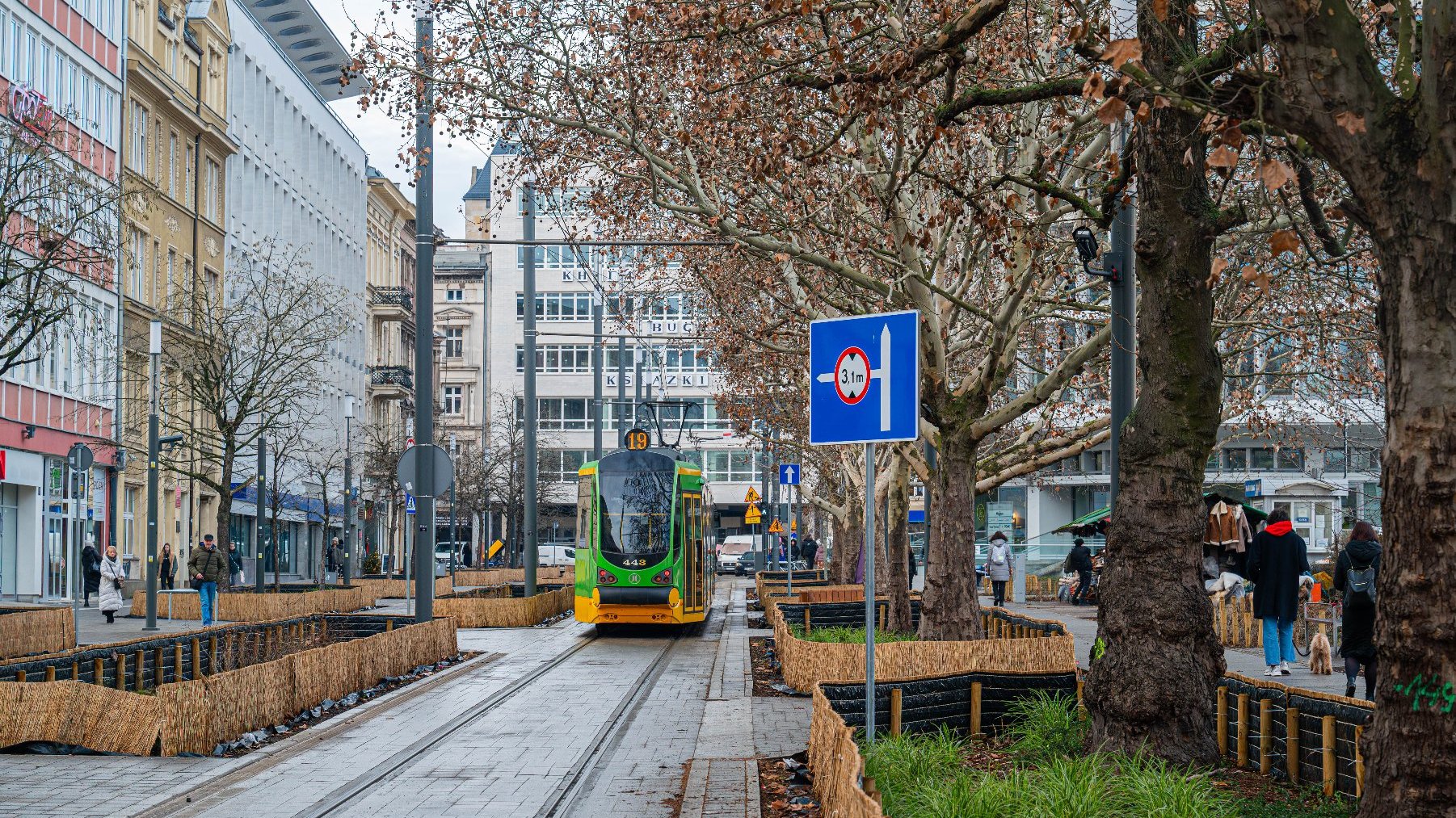 Widok tramwaju na ul. 27 Grudnia. Po bokach wygrodzone tereny zieleni i drzewa oraz budynki.