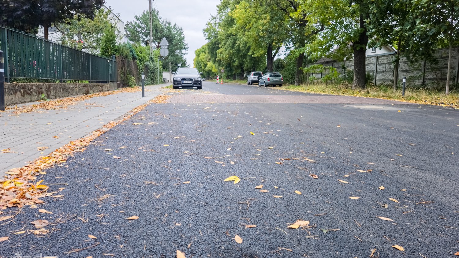 Wyremontowany w 2024 rok odcinek ul.Pogodnej. Przy drodze zielone drzewa, na chodniku opadłe liście.