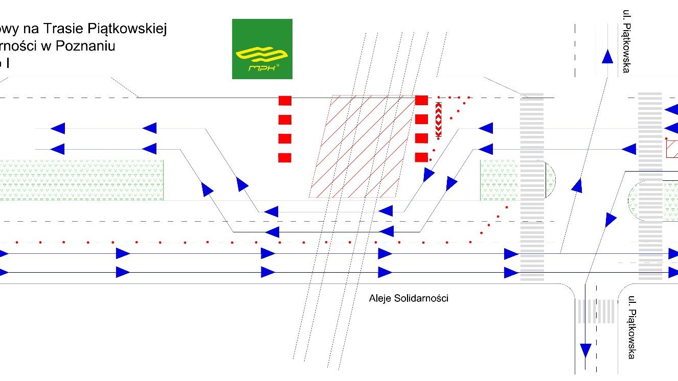 Schemat z zaznaczonymi kierunkami ruchu na remontowanym przejeździe