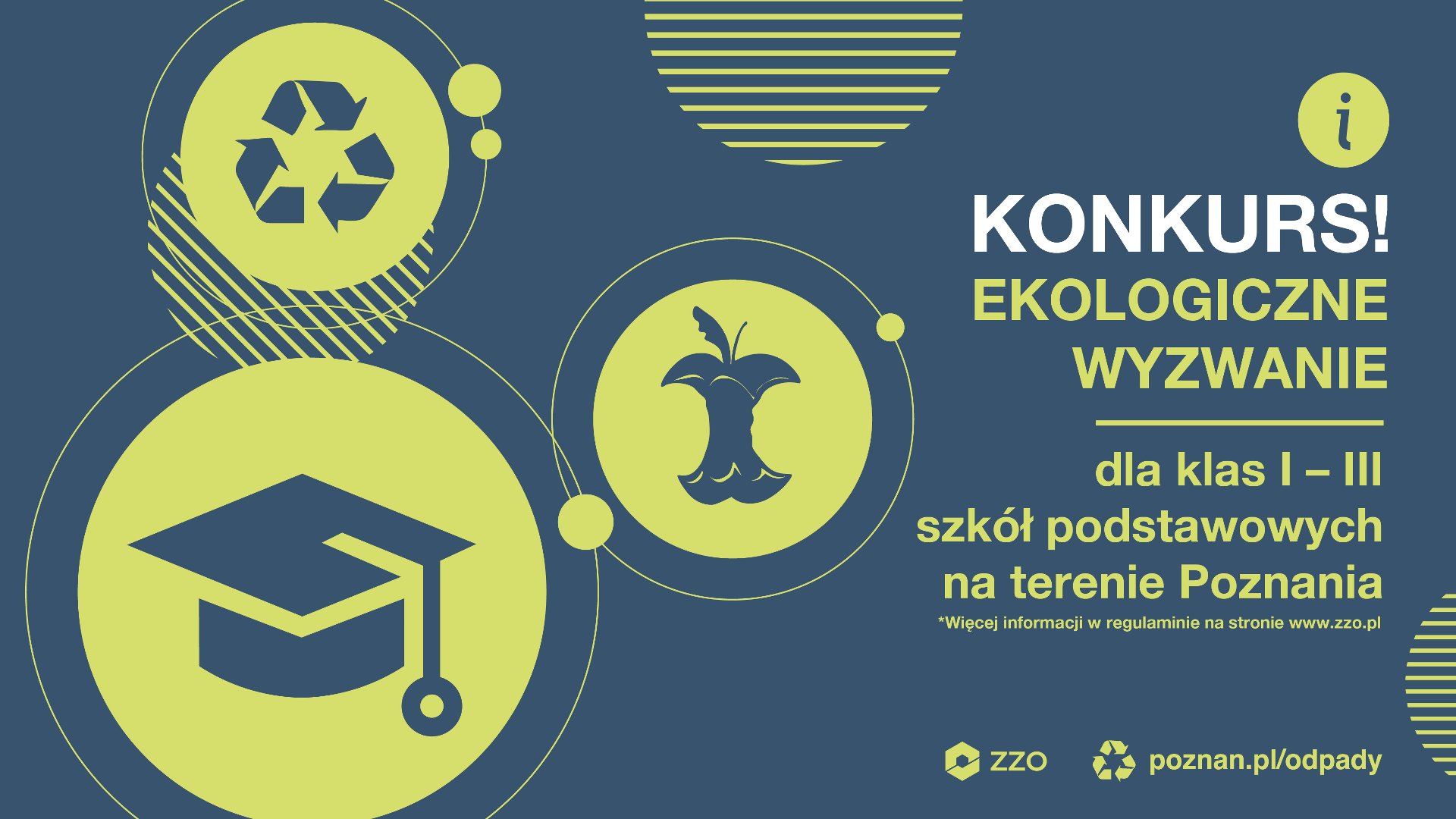 Grafika, na szarym tle żółte koła, a których zamieszczono symoboliczne rysunki: ogryzek jabłka, biret, oraz symbol recyclingi, z boku napisy informujące o konkursie. - grafika artykułu