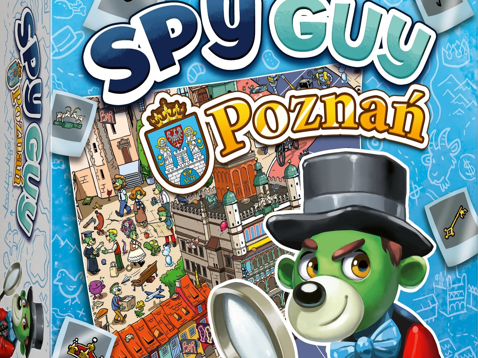 Pudełko gry planszowej Spy Guy Poznań, a na nim rysunkowy detektyw, który trzyma lupę, oraz rysunki elementów związanych z Poznaniem. - grafika artykułu