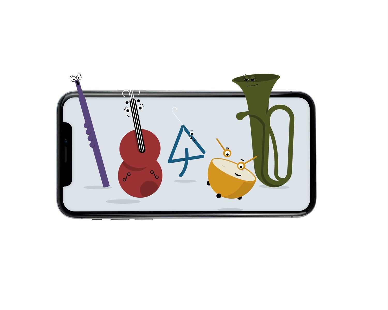 Grafika, smartphone, a na nim różne instrumenty muzyczne. - grafika artykułu