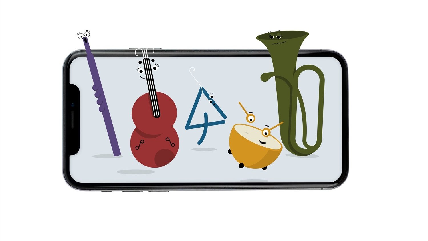 Grafika, smartphone, a na nim różne instrumenty muzyczne.