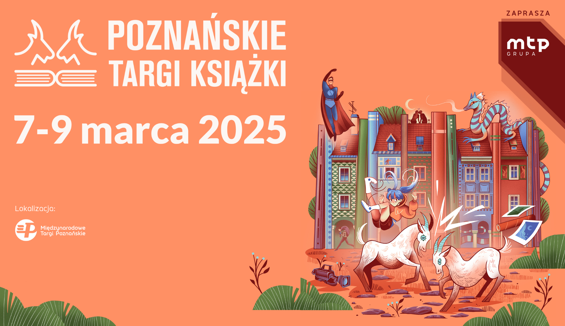 Plakat, który promuje Poznańskie Targi Książki, rysunek poznańskich kamieniczek, po których skaczą bohaterowie ksiązek, logo targów oraz Poznańskich Targów Książki, data wydarzenia: 7-9 marca 2025. - grafika artykułu