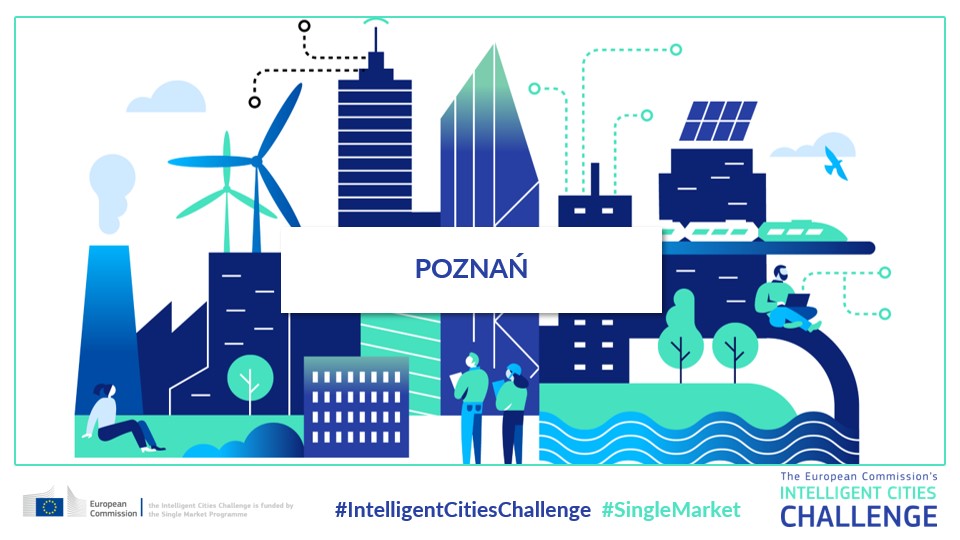 Grafika prezentująca wycentrowany napis Poznań oraz ilustracje związane z tematyką miejską - grafika artykułu