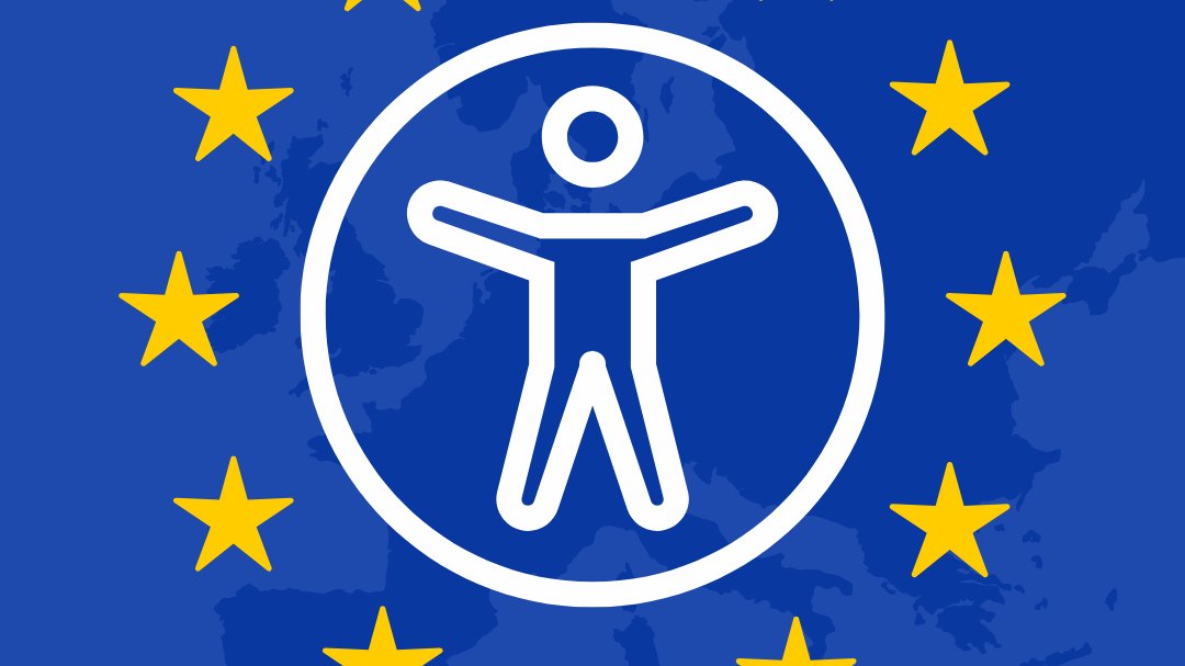 Biała ikona ludzika, która symbolizuje dostępność jest umieszczona w środku gwiazd Unii Europejsiej. W na jasnoniebieskim tle ciemnobieski konktur Europy.