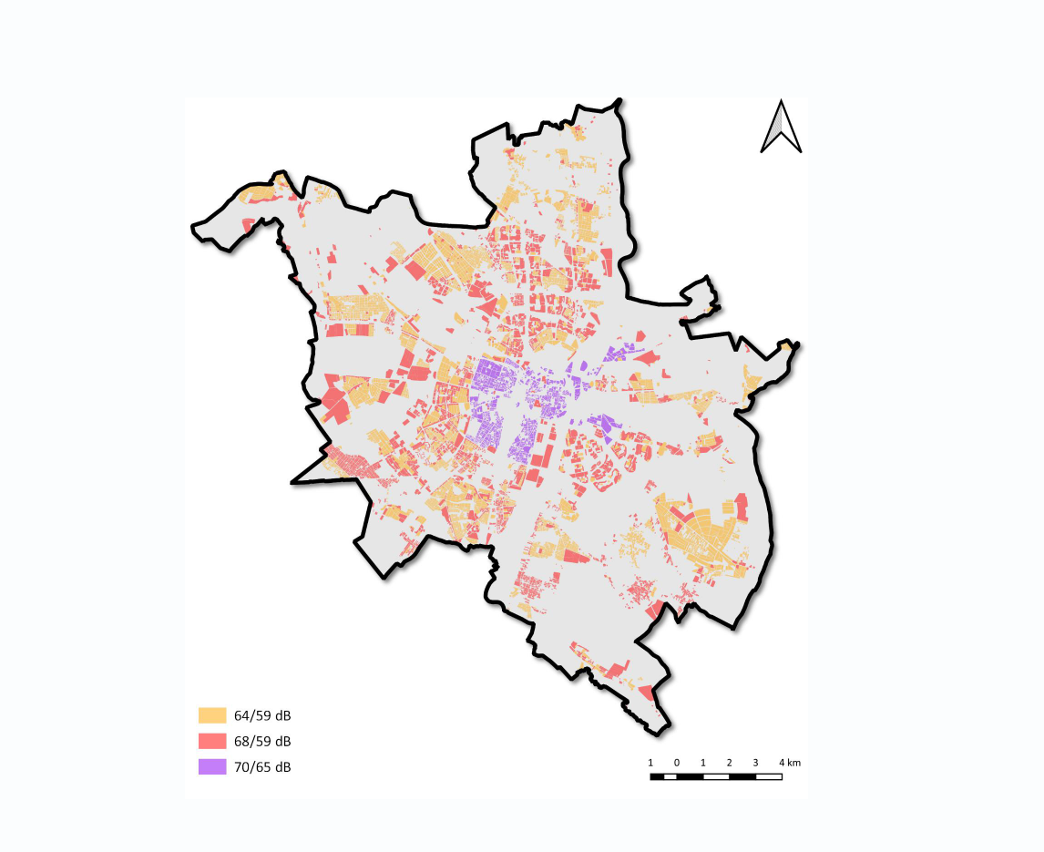 Na zdjęciu widać mapę akustyczną z poziomem hałasu w poszczególnych dzielnicach miasta. - grafika artykułu