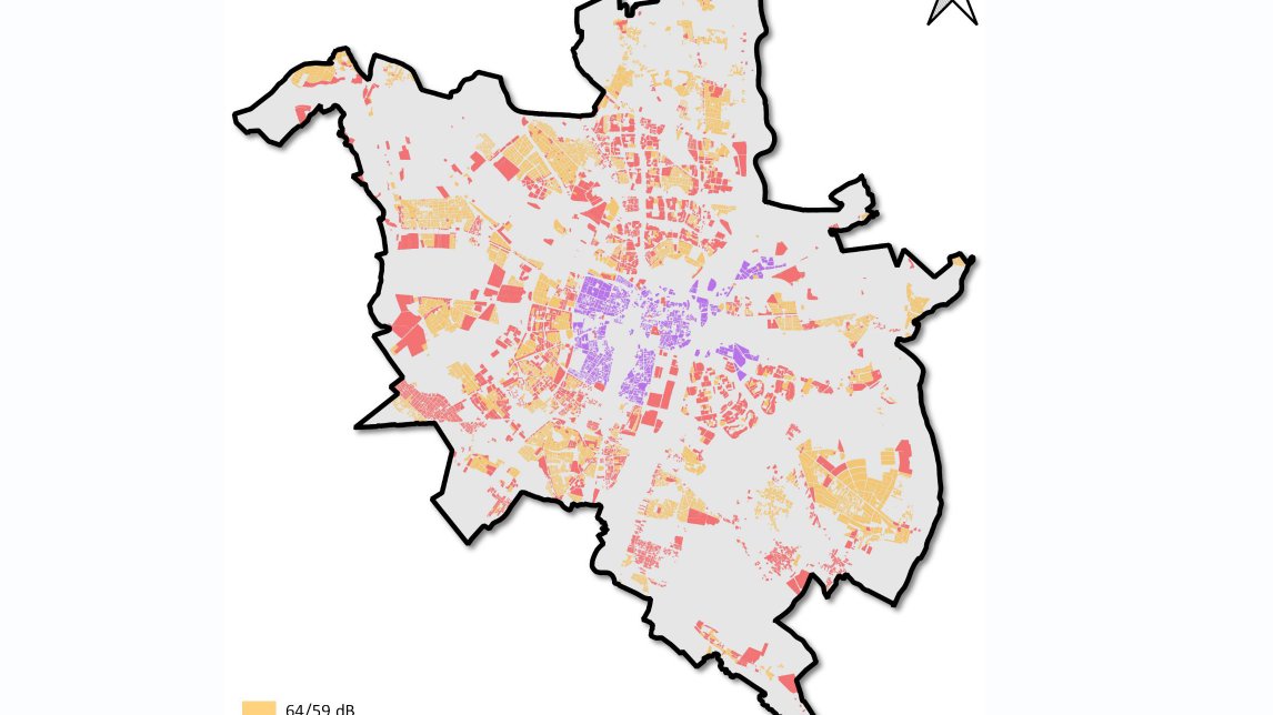 Na zdjęciu widać mapę akustyczną z poziomem hałasu w poszczególnych dzielnicach miasta.