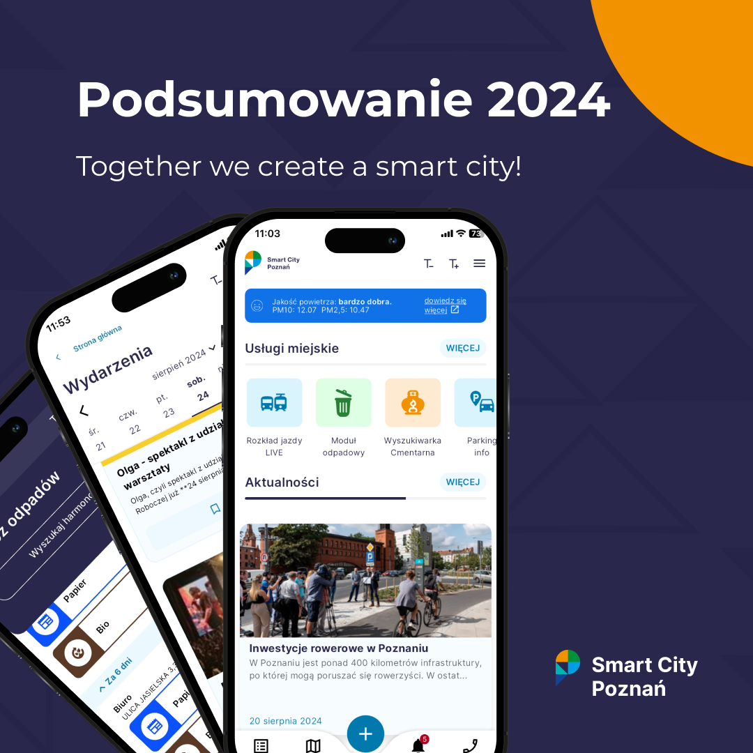 Grafika przedstawia tekst oraz screenshoty z aplikakcji Smart City Poznań - grafika artykułu