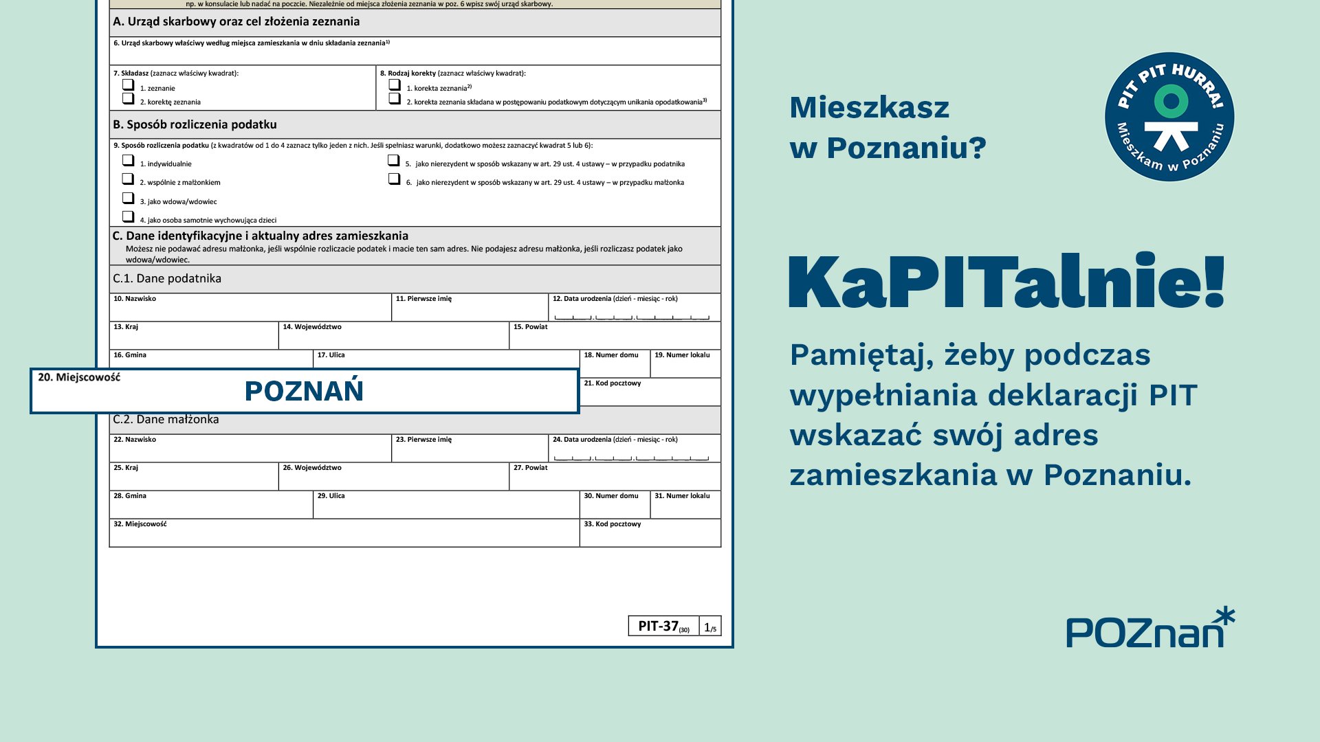 Grafika, na niej formularz PIT i wyjaśnienie, jak rozliczyć podatki w Poznaniu.