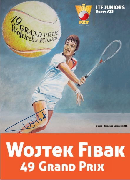 Plakat 49. Grand Prix Fibaka w tenisie Plakat 49. Grand Prix Fibaka w tenisie - sylwetka namalowanego tenisisty w białym stroju, który wystawia rakietę do wielkiej piłki tenisowej z nazwą turnieju. Poniżej podpis Fibaka oraz nazwa turnieju