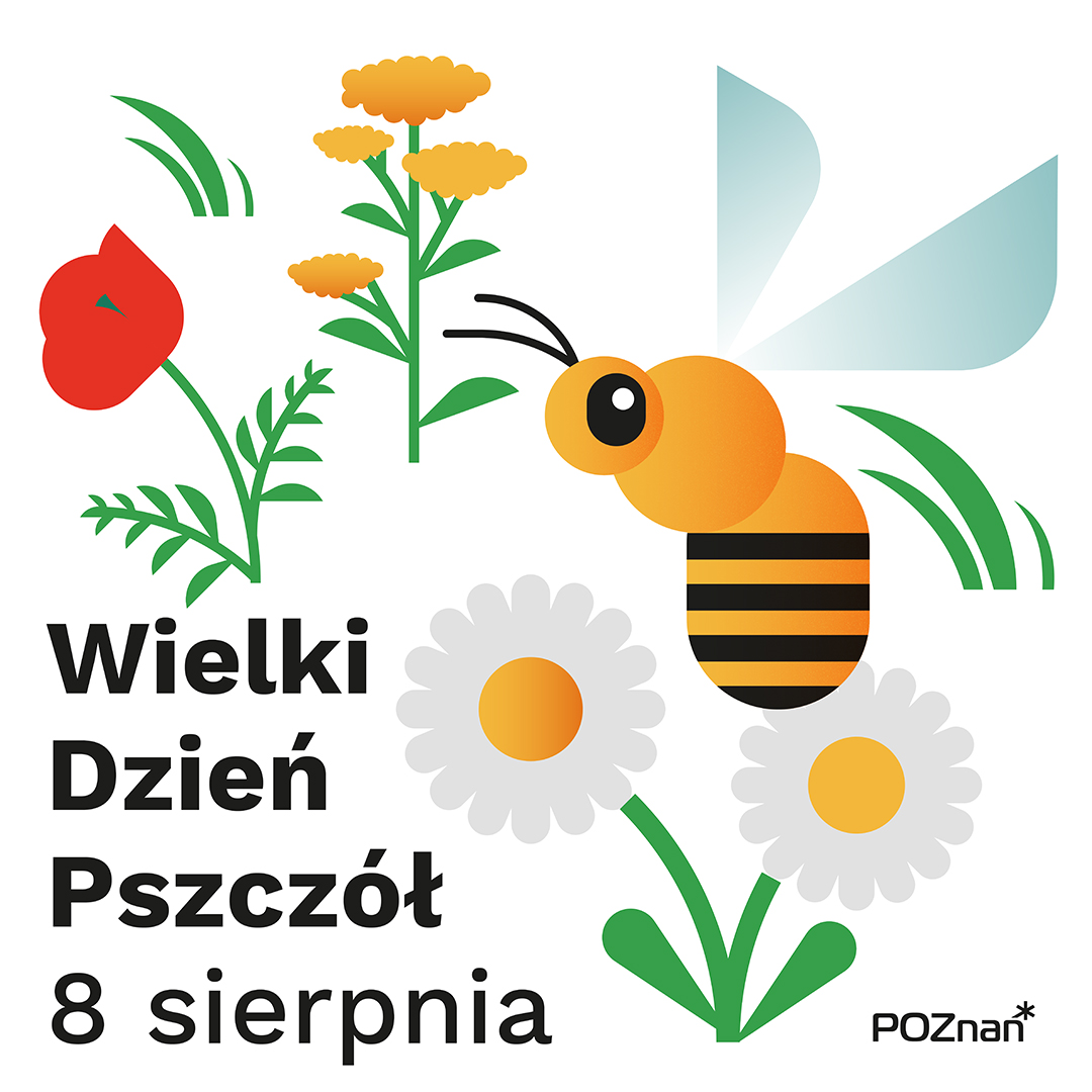 Infografika z napisem Wielki Dzień Pszczół Pszczoła wśród 3 kwiatów i napis Wielki Dzień Pszczół