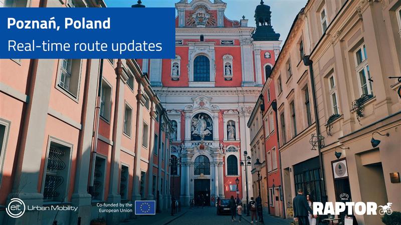 Widok na Farę w Poznaniu, z napisem "Poznań, Poland. Real-time route updates"