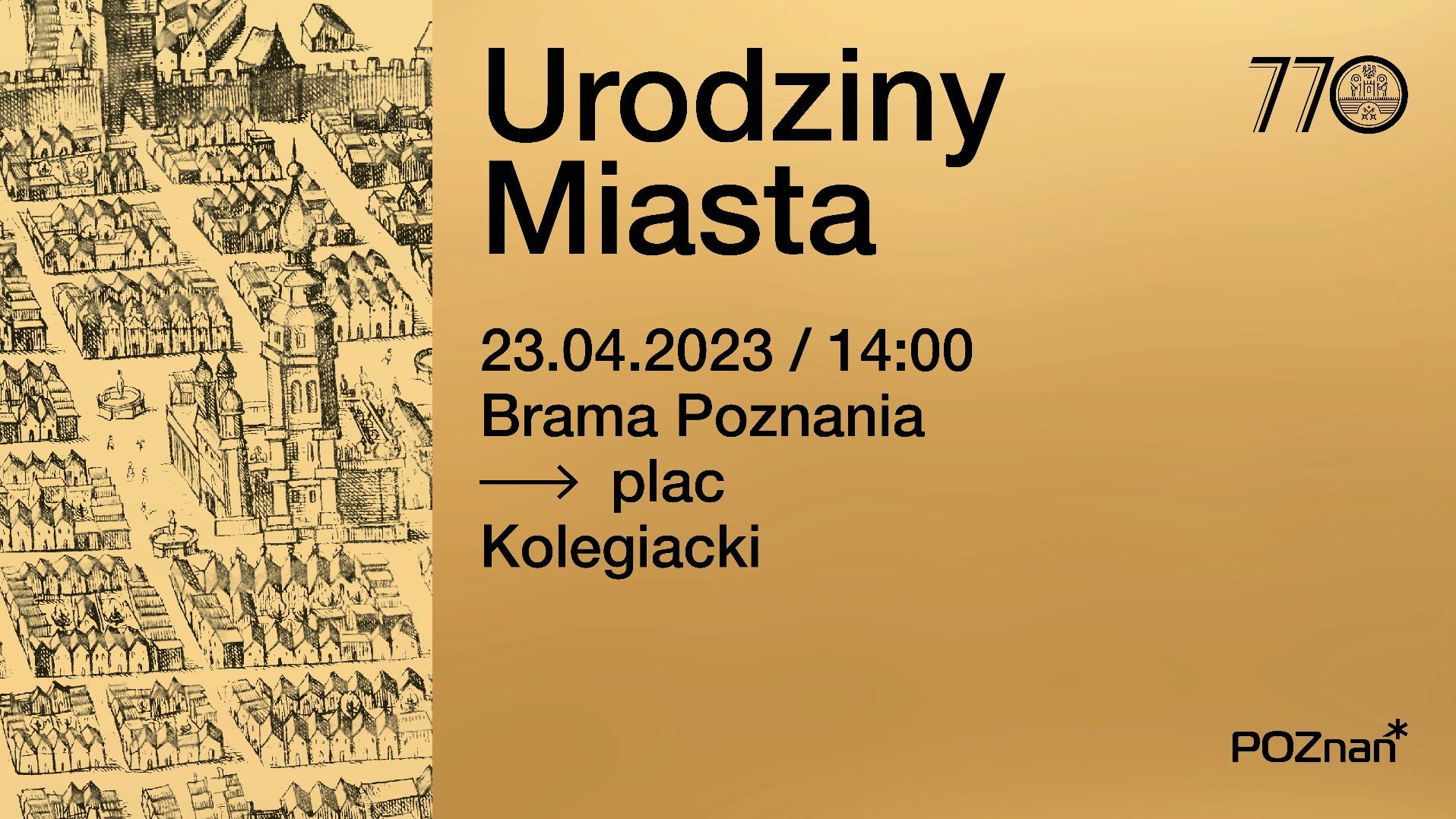 Grafika: rysunek Poznania i najważniejsze informacje o urodzinach Miasta