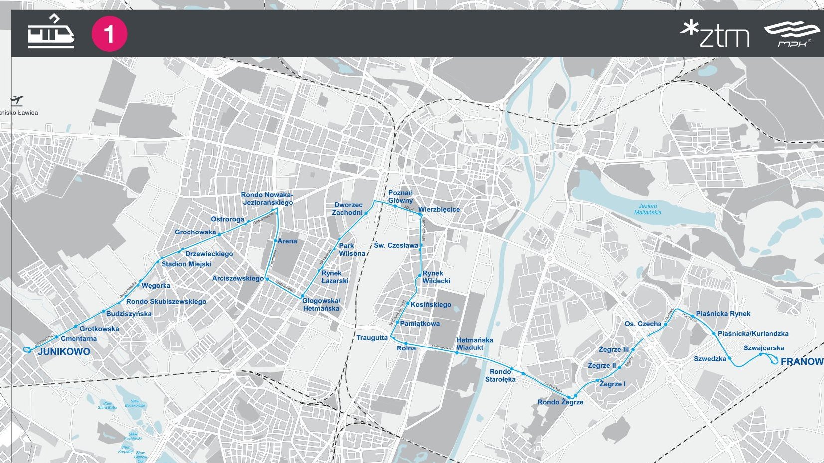 Grafika - schemat zmienionej trasy tramwajowej linii nr 1