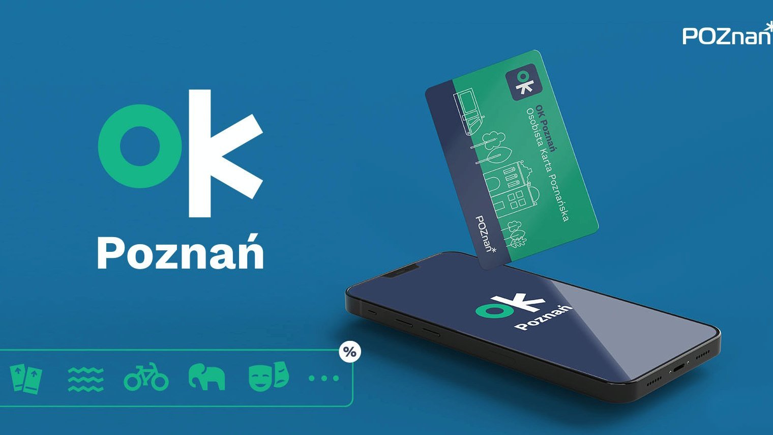 Grafika OK Poznań: na niebieskim tle telefon i karta z logotypem programu