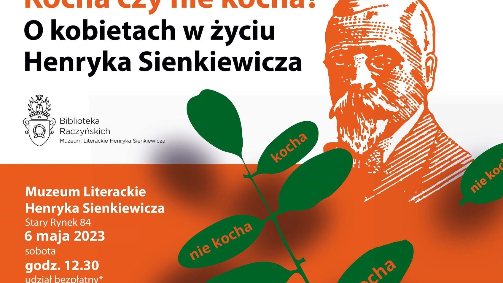 Na pierwszym planie widnieje narysowana zielona roślinka do popularnej wróżby kocha, nie kocha. Tło podzielone jest na pół, górna część w kolorze białym, dolna w pomarańczowym. U góry widnieje tytuł oprowadzania , cześć pomarańczowego tła przechodzi płynne w rycinę twarzy Sienkiewicza.