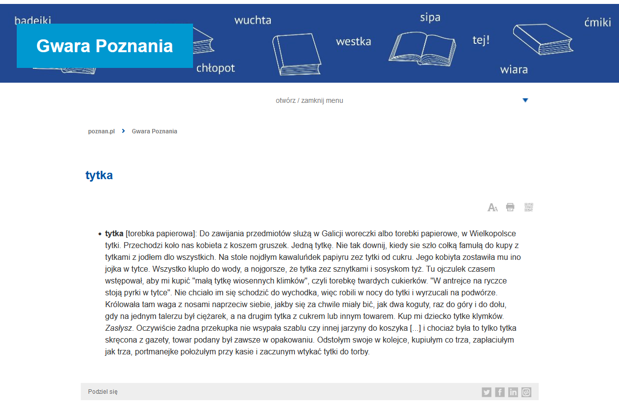 Zdjęcie przedstawia stronę poznan.pl z hasłem ze słownika gwary poznańskiej. - grafika artykułu