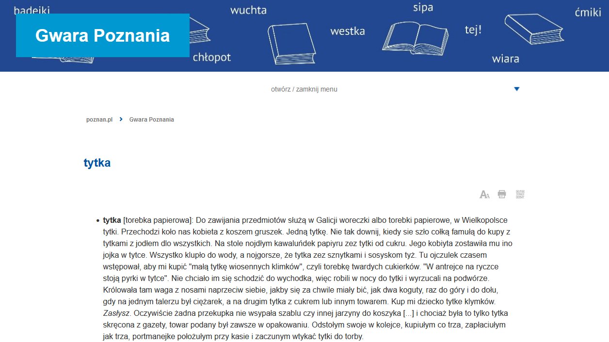 Zdjęcie przedstawia stronę poznan.pl z hasłem ze słownika gwary poznańskiej.
