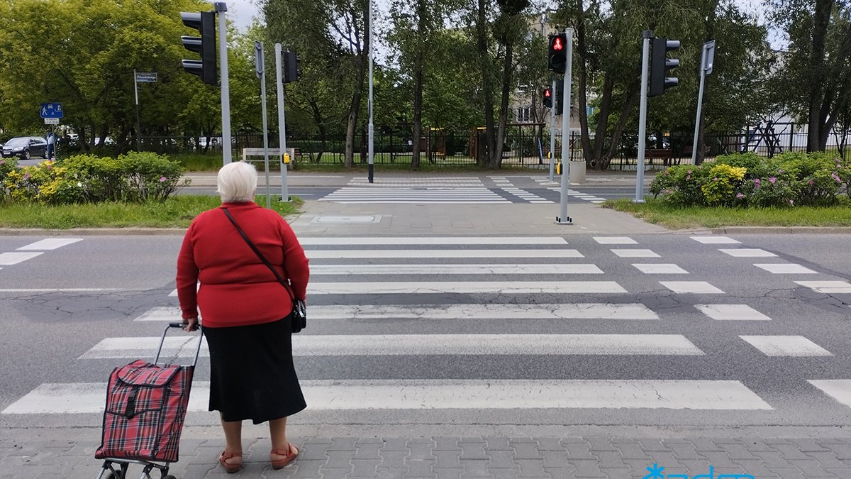 Starsza pani czekająca przed przejściem dla pieszych z sygnalizacją akustyczną