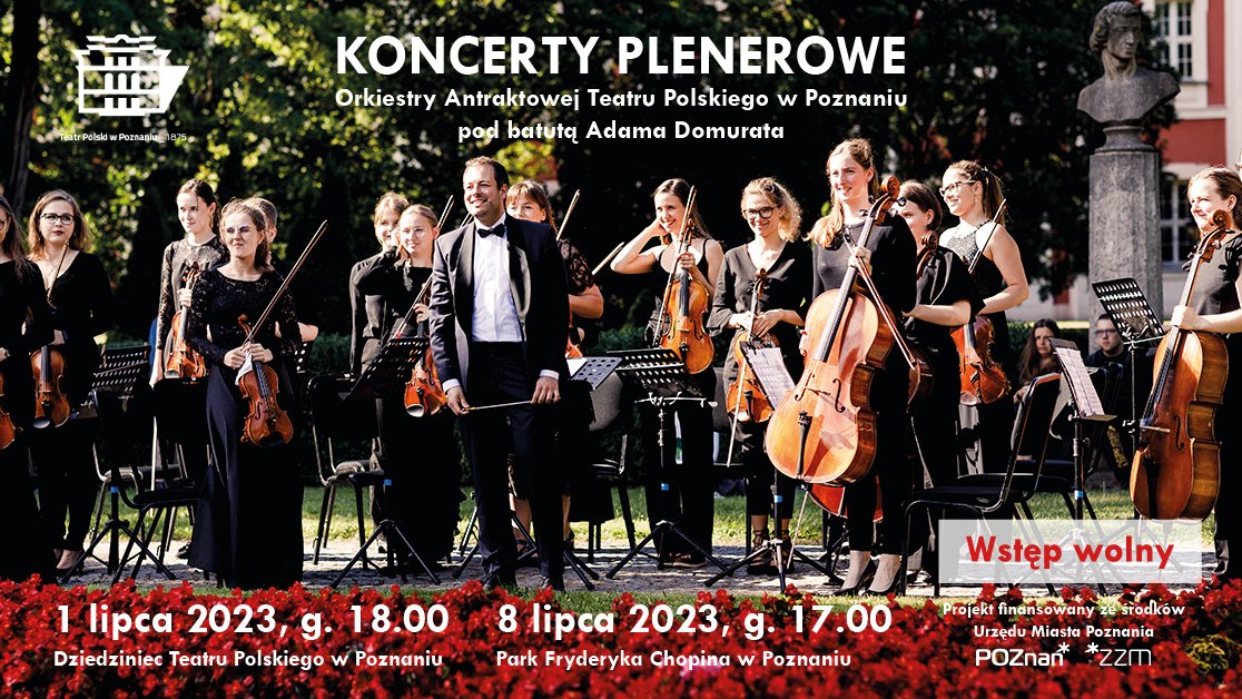 Plakat wydarzenia ze zdjęciem orkiestry na scenie z instrumentami oraz informacjami