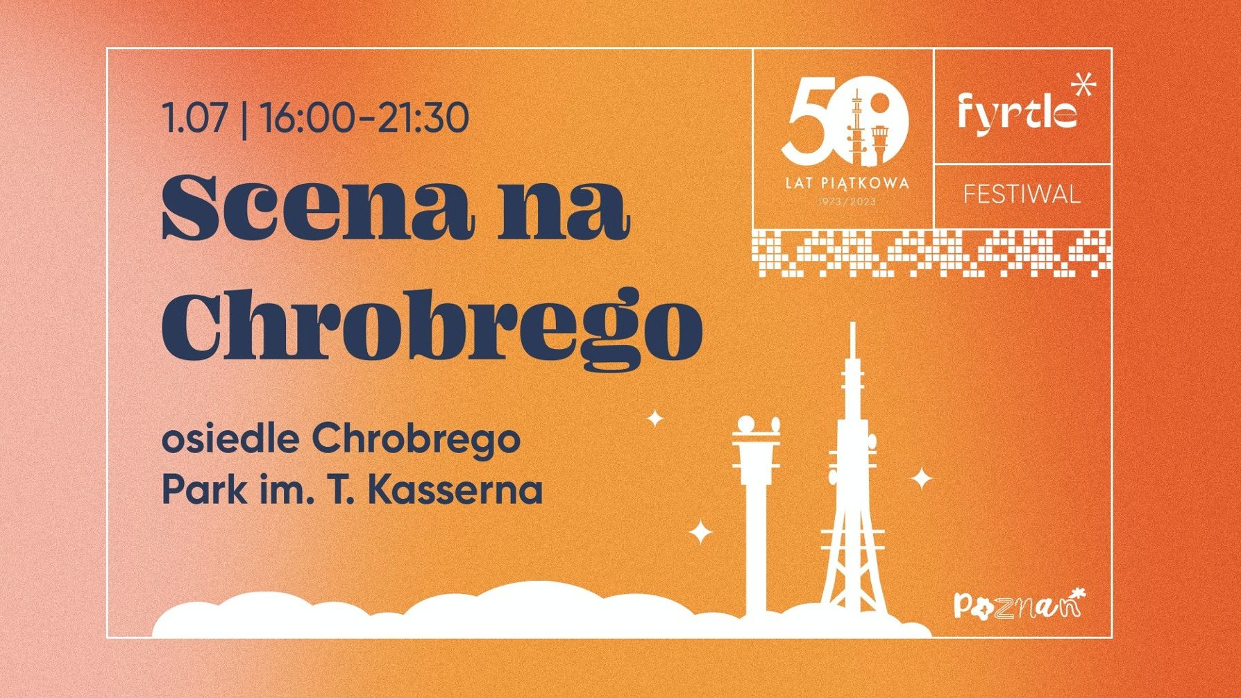 Pomarańczowy plakat wydarzenia z informacjami oraz grafikami dwóch wież z Piątkowa