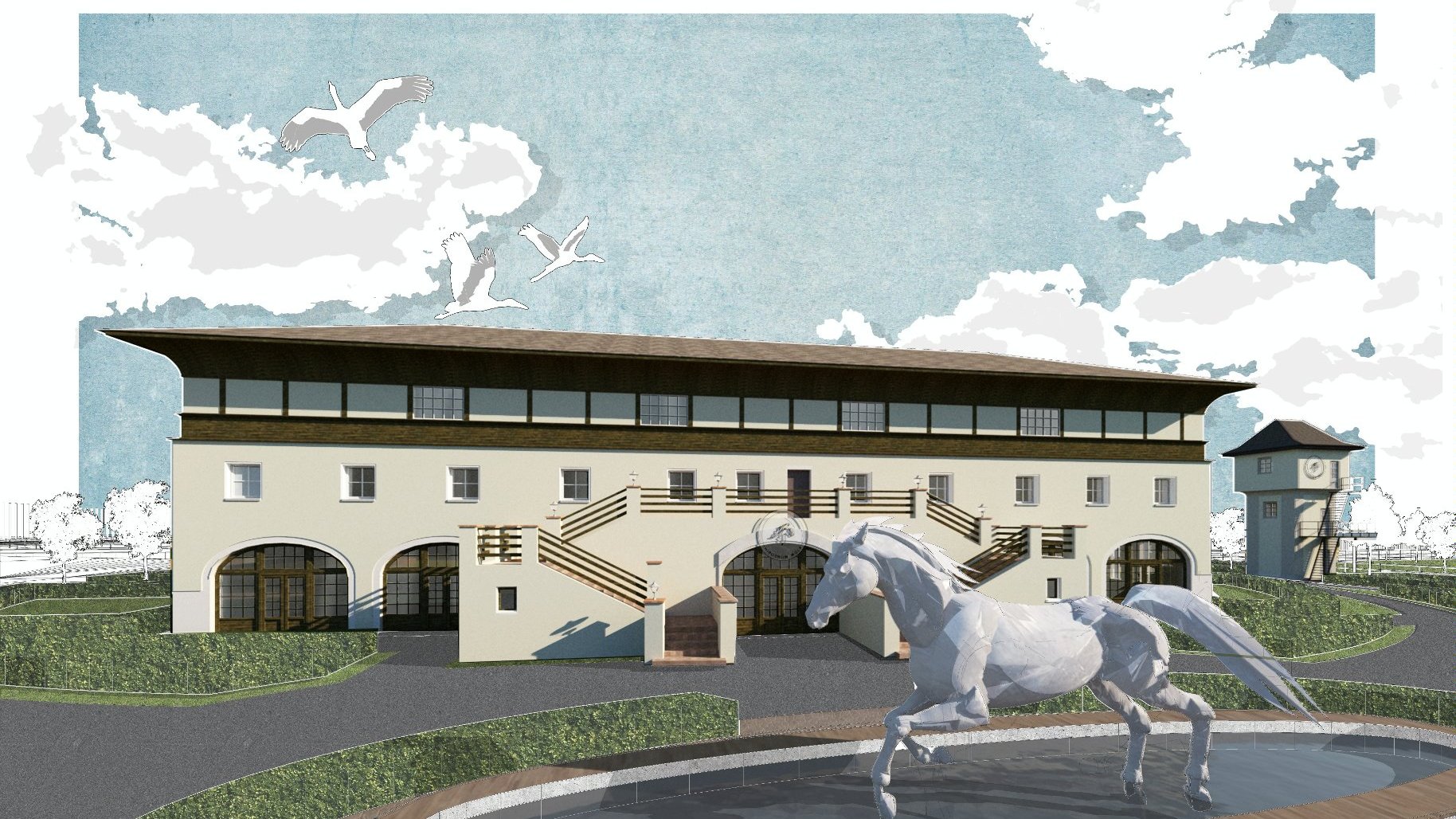 Grafika: poglądowa wizualizacja hipodromu, widać budynek, przed nim biegnie koń